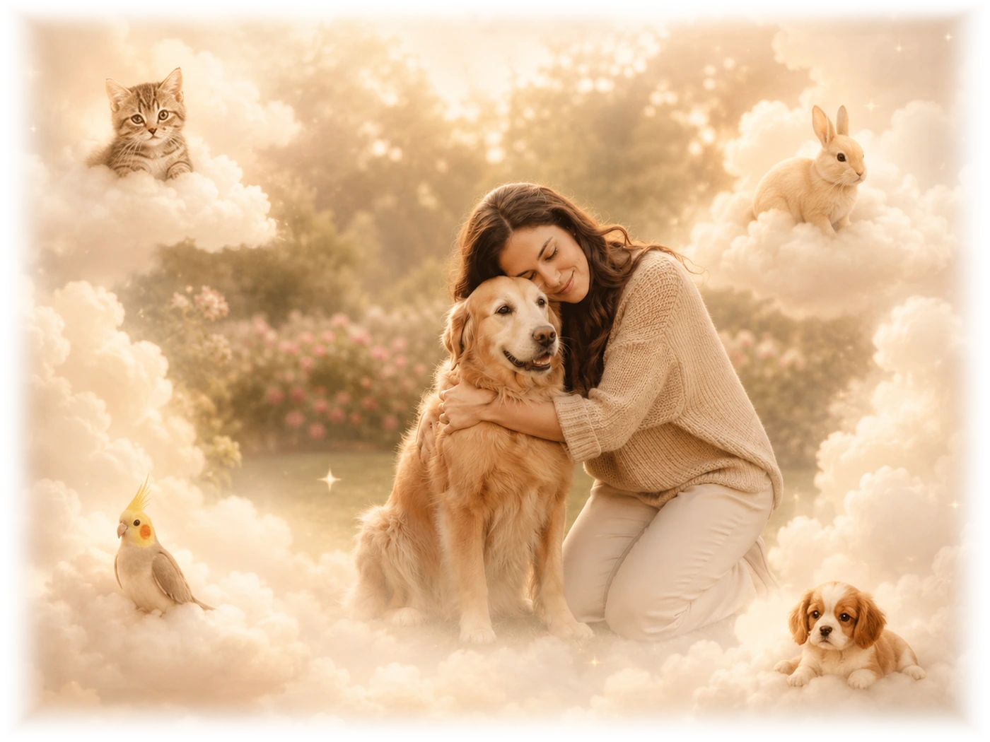 A woman comforting a golden retriever in a peaceful garden